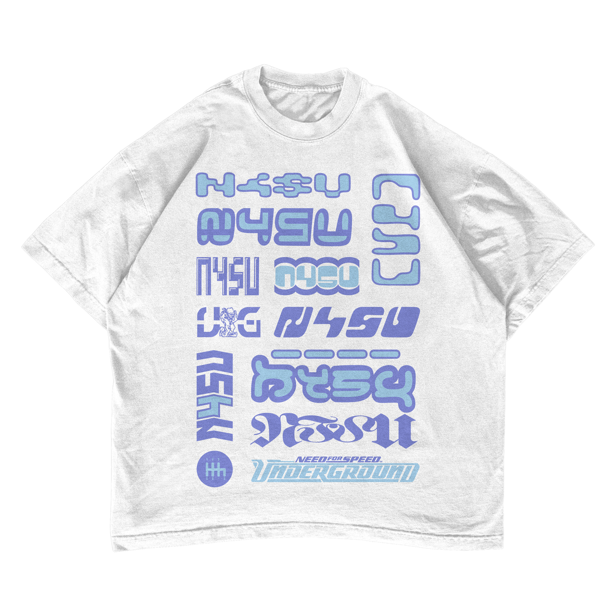 White Need for Speed Underground t-shirt with N4SU logos in periwinkle and ice blue, front view — Cellar Door