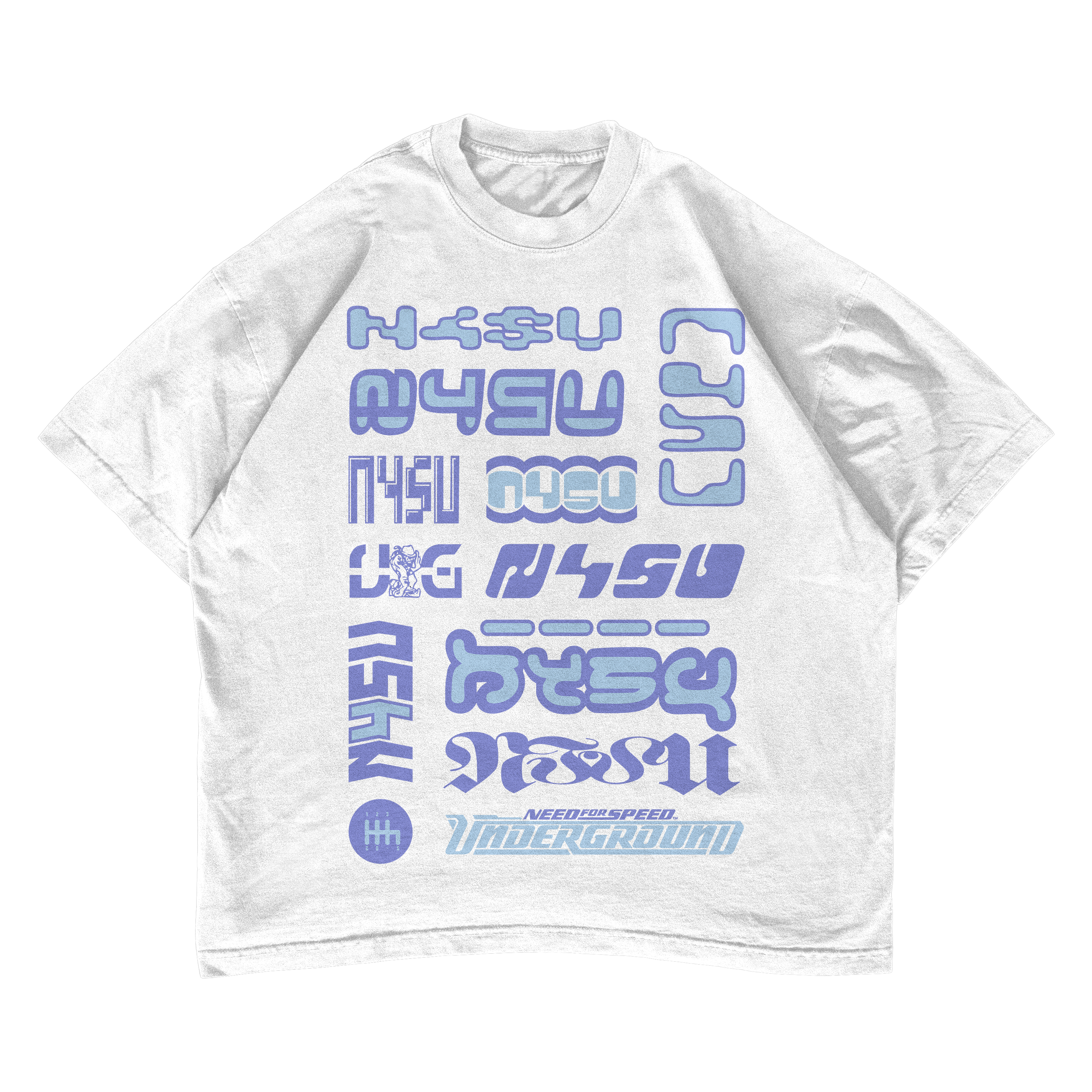 White Need for Speed Underground t-shirt with N4SU logos in periwinkle and ice blue, front view — Cellar Door