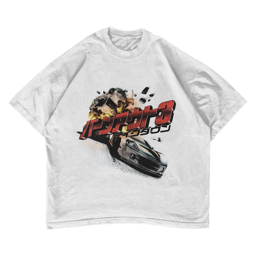 White Burnout 3 (バーンアウト 3) graphic t-shirt with Japanese retro racing print, front view — Cellar Door